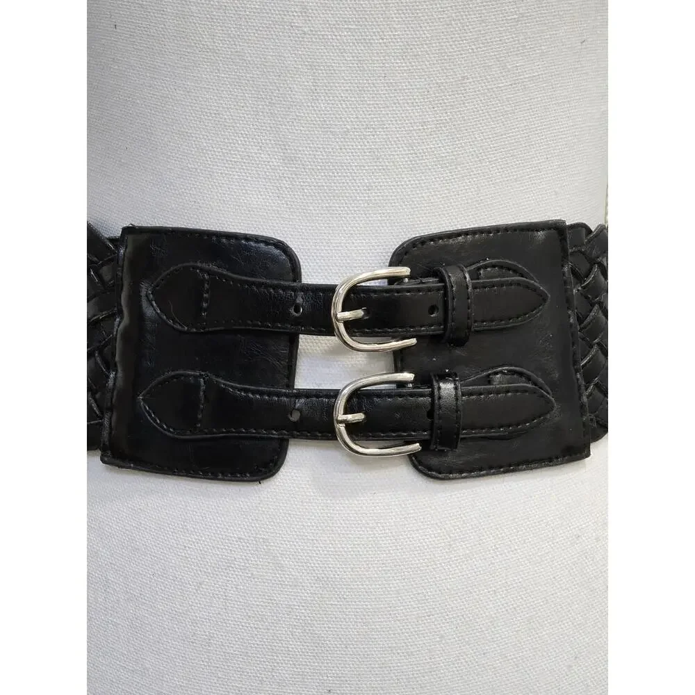 Goth Retro Women's size Small Wide Black Woven Waist Belt Double Buckle Stretch